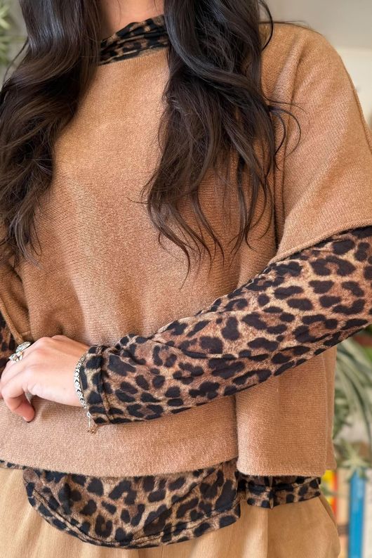 Tiby Funnel Neck Layering Top Leopard Camel